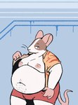 anthro belly big_belly biped bottomwear brown_body clothed clothing male moobs navel nipples open_clothing open_shirt open_topwear overweight shirt shorts solo topwear white_body ambergate danny_fleck mammal mouse murid murine rodent 2024