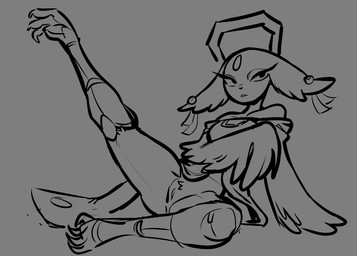 anthro avian_feet black_eyes black_nose bottomless clothed clothing ear_piercing eyelashes female floppy_ears forehead_gem gem genitals grey_background halo looking_at_viewer lop_ears piercing prosthetic prosthetic_leg prosthetic_limb raised_leg simple_background solo thick_thighs vulva wide_hips winged_arms wings phallusbro nine_sols red_candle_games goumang_(nine_sols) felid feline mammal solarian monochrome