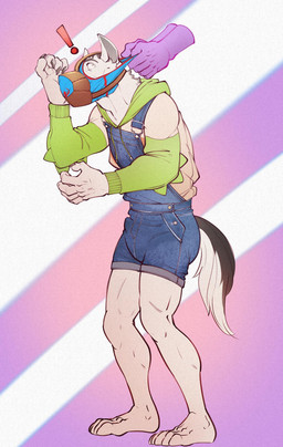 5_fingers 5_toes abstract_background ageplay anthro barefoot biped blue_briefs blue_clothing blue_shortalls blue_underwear briefs briefs_pull claws clothed clothing colored_seam_underwear diaper diaper_under_clothing disembodied_hand duo exclamation_point feet fingers green_clothing hair hoodie infantilism male muzzle_(object) muzzled overalls red_seam_briefs red_seam_underwear roleplay shortalls simple_background solo_focus standing toes topwear underwear underwear_on_face wearing_diaper syeenyeen underoos hroar canid canine canis domestic_dog husky mammal nordic_sled_dog spitz 2022 digital_media_(artwork) hi_res