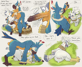 3_toes 5_fingers after_sex age_difference anal anal_penetration anthro anus arms_tied avian_feet balls bdsm beak beak_fetish beak_play beak_sex beakjob big_balls big_dom_small_sub big_penis black_beak black_glans blue_body blue_feathers blush blush_stickers bodily_fluids bondage bound butt cum cum_in_ass cum_inside cum_on_butt dialogue dominant duo erection eyelashes feather_hands feathers feet fellatio fingers foreskin genital_fluids genitals glans grey_beak heart_eyes heart_symbol humanoid_genitalia humanoid_penis kissing long_eyelashes male male/male male_penetrated male_penetrating male_penetrating_male multicolored_penis nude nude_anthro nude_male older_anthro older_male on_grass on_ground on_lap oral orange_balls orange_body orange_feathers orange_penis penetration penile penile_penetration penis penis_in_ass penis_size_difference piledriver_position pink_anus restraints rope rope_bondage scarf scuted_feet scuted_legs scutes sex sitting_on_lap size_difference small_penis tail tail_feathers tear_trough text toes two_tone_penis vein veiny_penis white_balls white_body white_feathers white_penis young young_anthro young_male younger_anthro younger_male kapri breath_of_the_wild nintendo the_legend_of_zelda kass_(tloz) tulin_(tloz) avian bird rito 2026 absurd_res comic english_text hi_res