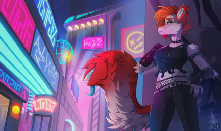alternative_fashion anthro city cityscape collar ear_piercing female industrial_piercing jewelry lights necklace neon_lights neon_sign piercing punk punk_hair sign solo spiked_collar spikes street tail tail_mouth tongue tongue_out unusual_anatomy unusual_tail conditional_dnp xnirox legend_of_ahya ahya_(legend_of_ahya) taylor_renee_wolford_(darkflamewolf) canid canine canis mammal wolf hi_res