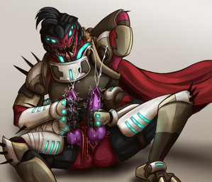 2_penises 4_arms 4_eyes animal_genitalia anthro armor ejaculation genitals knot male masturbation multi_arm multi_eye multi_genitalia multi_limb multi_penis penis solo sadboygum1 bungie destiny_(series) arikus alien eliksni hi_res