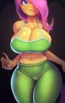 anthro big_breasts blue_eyes bottomwear bra breasts cleavage clothed clothing female hair hair_over_eye huge_breasts looking_at_viewer midriff one_eye_obstructed pants skindentation solo sports_bra thick_thighs underwear maarthul friendship_is_magic hasbro my_little_pony fluttershy_(mlp) equid mammal 2018