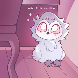 4_eyes alternate_form beak black_beak chair chest_tuft desk directional_arrow feather_tuft feathers feet feral feralized floor furniture glowing_pupils grey_body grey_feathers inside looking_up male multi_eye nude office office_chair red_sclera sitting smile solo sparkles table talons text toes tuft wings wood wood_floor aaci8300 hellaverse helluva_boss stolas_(helluva_boss) avian bird owl 1:1 english_text portrait