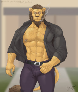 abs anthro belt body_hair chest_hair cigarette claws clothed clothing collar looking_at_viewer male mane muscular muscular_anthro muscular_male navel nipple_piercing nipple_ring nipples pecs piercing ring_piercing scar smoking smoking_cigarette solo tail tail_tuft tuft yellow_body jabuhusky beastars dolph_(beastars) felid lion mammal pantherine 2026 hi_res