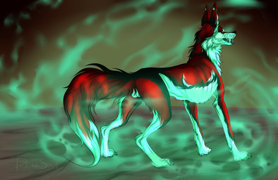 balls black_body black_fur black_nose black_tail ear_piercing fangs feral fur genitals grey_eyes male no_pupils open_mouth piercing red_body red_fur red_tail side_view solo tail teeth white_balls white_body white_fur white_tail msdeadsoul canid canine mammal absurd_res hi_res