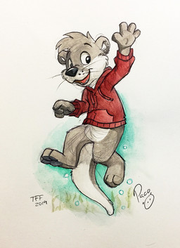 anthro black_nose bottomless brown_body brown_fur brown_tail bubble cheek_tuft clothed clothing facial_tuft featureless_crotch fur gesture happy hoodie logo looking_at_viewer male open_mouth open_smile red_clothing red_hoodie red_topwear smile solo tail tapering_tail topwear tuft waving waving_at_viewer whiskers white_body white_fur white_tail young young_anthro young_male pandapaco mammal mustelid otter artist_logo dated signature