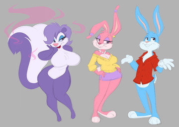 anthro big_breasts bottomless breasts clothed clothing curvy_figure female gloves group handwear jewelry male male/female necklace nude skimpy trio wide_hips captain_molasses tiny_toon_adventures warner_brothers babs_bunny buster_bunny fifi_la_fume lagomorph leporid mammal mephitid rabbit skunk 2025 hi_res