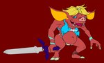 after_transformation belly big_belly blonde_hair clothing crossgender female hair master_sword melee_weapon mtf_crossgender pig_nose solo sword torn_clothing transformation weapon unknown_artist nintendo the_legend_of_zelda link blin_(tloz) bokoblin humanoid mammal suid suine