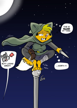 anthro blonde_hair breasts cape clothing dagger feet female fur gloves hair handwear hood hoodie inner_thoughts jumping knife melee_weapon night ninja orange_body orange_fur pain pole pose rogue sky small_breasts solo star starry_sky toes topwear warrior weapon fabian_zibb_(artist) trapfinders hiroko_akane canid canine fox mammal hi_res