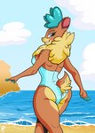 2_fingers anthro anthrofied antlers backless_clothing backless_swimsuit beach blue_antlers blue_background blue_clothing blue_eyes blue_swimwear breasts brown_body brown_fur butt butt_pose clothing cloud day ears_up exposed_back female fingers flirting fur grin hair horn lidded_eyes looking_at_viewer looking_back looking_back_at_viewer neck_tuft one-piece_swimsuit open-back_swimsuit pose sea seaside side_boob side_view simple_background smile solo summer swimwear tuft water wave wide_hips duragan them's_fightin'_herds velvet_reindeer_(tfh) deer mammal new_world_deer reindeer 2021 digital_media_(artwork) hi_res