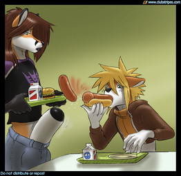 anthro balls black_lips clothed clothing coy do_not_distribute duo erection food food_fetish foreskin fully_clothed genitals hot_dog humanoid_genitalia humanoid_penis humor hyper lips male male/male partially_retracted_foreskin penis penis_poking_out penis_tongue suggestive suggestive_food text thick_bottom_lip unusual_anatomy unusual_genitalia_placement unusual_penis_placement unwanted_erection gideon clubstripes cox coy_(character) canid canine fox mammal digital_media_(artwork) english_text source_request