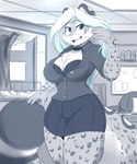 anthro big_breasts breasts chair desk female furniture inside office solo table wide_hips window infinitedge astra_(infinitedge) felid mammal pantherine snow_leopard 2023 5:6 absurd_res blue_and_white hi_res monochrome sketch