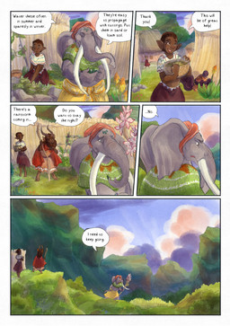 anthro biped blue_sky brown_body building clothed clothing cloud dark_body dark_skin day dialogue dialogue_box female flower grey_body group holding_object male outside plant proboscis_(anatomy) sky speech_bubble text town trio trunk_(anatomy) bjekkergauken isilo_(bjekkergauken) bovid bovine elephant elephantid humanoid mammal proboscidean 2025 colored comic english_text hi_res