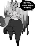 anthro big_butt biped bottomwear butt clothing dialogue female hand_on_butt huge_butt huge_hips huge_thighs looking_at_viewer pants solo speech_bubble talking_to_viewer text thick_thighs wide_hips foxialewd kaz_(foxialewd) mammal mustelid musteline stoat true_musteline weasel 2022 absurd_res digital_media_(artwork) english_text hi_res monochrome