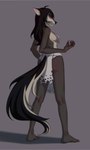 13hyun13 3:5 anthro black_hair bottomwear bra breasts butt canid canine claws clothing colored fangs feet female fox fur hair hi_res looking_at_viewer mammal nails rear_view red_eyes side_boob skirt solo standing tail teeth the_sake_ninja torn_clothing true_fox underwear