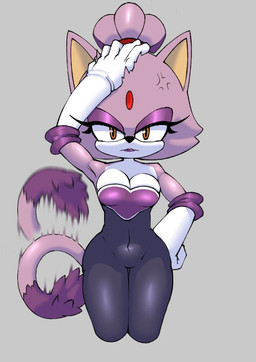 annoyed anthro armwear black_bodysuit black_clothing black_nose black_skinsuit bodysuit breasts cleavage clothed clothing cosplay cross-popping_vein dipstick_tail elbow_gloves eyelashes eyeshadow female forehead_gem front_view fur gem gloves grey_background hand_on_head hand_on_hip handwear lipstick looking_at_viewer makeup markings navel_outline purple_body purple_eyeshadow purple_fur purple_lipstick simple_background skinsuit solo tail tail_markings tail_motion thick_thighs tight_clothing white_body white_clothing white_fur white_gloves white_handwear wide_hips yellow_eyes thecakeee sega sonic_the_hedgehog_(series) blaze_the_cat rouge_the_bat domestic_cat felid feline felis mammal