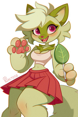 anthro bottomwear breasts candy cleavage clothed clothing dessert female food green_body hair holding_object lollipop navel open_mouth pawpads pink_eyes pokemorph simple_background skirt smile solo teeth tongue furctose nintendo pokemon felid feline generation_9_pokemon mammal pokemon_(species) sprigatito 2:3 digital_media_(artwork) hi_res