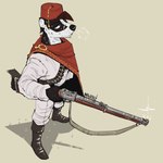 ammo_belt ammunition anthro black_body black_fur boots brown_hair clothing footwear fur gun hair hat headgear headwear holding_gun holding_object holding_ranged_weapon holding_rifle holding_weapon looking_forward male ranged_weapon rifle shoes smoke smoke_from_mouth solo tail weapon white_body white_fur mawkvlt 1:1 hi_res