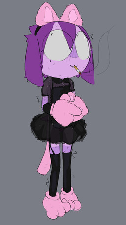 alternative_fashion anthro black_clothing black_dress black_legwear black_thigh_highs bodily_fluids cigarette clothed clothed_anthro clothing dress fake_cat_ears fake_ears female footwear fully_clothed fully_clothed_anthro gloves goth grey_background hair handwear legwear nervous nervous_sweat pink_clothing pink_footwear pink_gloves pink_handwear purple_hair simple_background smoke smoking smoking_cigarette solo sweat thigh_highs young young_female bravobunny bravo_(bravobunny) lagomorph leporid mammal rabbit full-length_portrait hi_res portrait