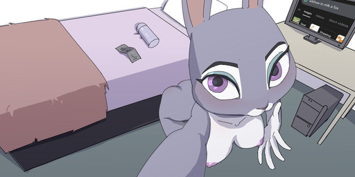 anthro bed breasts computer condom electronics female furniture grey_body medium_breasts nipples purple_eyes selfie sexual_barrier_device solo snachsugar disney zootopia judy_hopps lagomorph leporid mammal rabbit 2:1 absurd_res hi_res