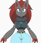 2021 animated anthro areola black_areola black_body black_fur black_nipples blue_eyes bouncing_breasts breasts butt butt_from_the_front canid clothed clothing exposed_breasts female flashing flashing_breasts fur generation_5_pokemon hi_res huge_hips looking_at_viewer mammal midriff navel neck_tuft nintendo nipple_piercing nipples open_clothing open_shirt open_topwear piercing pokemon pokemon_(species) shirt short_playtime solo tansau topwear tuft undressing wide_hips zoroark