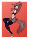 anthro breasts clothing female harness latex latex_clothing latex_harness latex_legwear latex_stockings legwear nipples red_background simple_background solo stockings alonsy beastars juno_(beastars) canid canine canis mammal wolf 3:4 hi_res