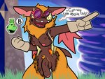 anthro breasts clothed clothing ear_piercing eyewear foreskin gameplay_mechanics genitals gynomorph intersex nipples penis piercing pubes solo speech_bubble sunglasses text wardrobe_malfunction otterjunk windblown_(game) bat_leaper_(windblown) bat mammal absurd_res english_text hi_res