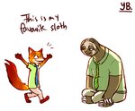 3_toes anthro barefoot bottomwear brown_body brown_fur claws clothed clothing feet fully_clothed fur necktie orange_body orange_fur pants shirt simple_background sitting text toe_claws toes topwear white_background yibsy disney zootopia flash_slothmore nick_wilde canid canine fox mammal pilosan red_fox sloth three-toed_sloth true_fox xenarthran 2017 comic english_text hi_res