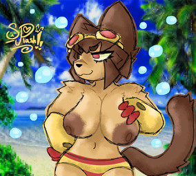 anthro areola armor beach big_areola big_breasts breasts brown_body brown_fur brown_hair bubble clothing eyewear eyewear_on_head female fur gauntlets gloves goggles goggles_on_head hair hand_on_breast handwear pattern_clothing pattern_underwear red_eyes solo standing striped_clothing striped_underwear stripes tan_body tan_fur underwear splashrollup gameoverse glitch_productions kit_bodega domestic_cat felid feline felis mammal hi_res