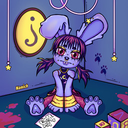 alphabet_blocks anthro blood blood_splatter bodily_fluids clothing crescent_moon drawing_(object) eyeshadow facial_piercing female fur hair hypnotic_eyes inside jewelry leg_warmers legwear looking_at_viewer makeup moon multicolored_hair necklace neutral_expression nose_piercing pawpads paws piercing pigtails pink_eyes purple_body purple_fur room_corner septum_piercing sitting sitting_on_ground solo spiral spiral_eyes stud_piercing topwear yellow_eyeshadow nanich nanicharts lagomorph leporid mammal rabbit digital_media_(artwork) hi_res