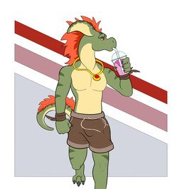 3_toes anthro beverage clothed clothing drinking feet hair jewelry male markings necklace simple_background slim solo swimming_trunks swimwear tail toes topless wraps wrist_wraps wwd_october full_frontal_frog oh_so_hero! alien amaru scalie digital_media_(artwork) hi_res