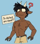2_horns 4_fingers anthro athletic athletic_anthro athletic_male belt big_eyes black_belt black_hair blue_background body_hair bottomwear chest_hair clothed clothing denim denim_bottomwear denim_clothing dialogue eyebrow_through_hair eyebrows fingers front_view hair horizontal_pupils horn looking_down_at_self male mouth_closed navel nipples pecs pupils question_mark raised_eyebrob scut_tail short_hair short_tail simple_background snout solo speech_bubble standing stuttering tail tan_bottomwear tan_clothing text thick_eyebrows three-quarter_view topless translucent translucent_hair cosmicboy02 sam_(cosmicboy02) bovid caprine goat mammal 2022 dated digital_media_(artwork) english_text flat_colors signature