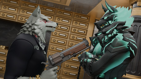 anthro black_body black_fur duo fur glowing glowing_body glowing_fur glowing_hair green_body green_eyes green_fur grey_body grey_fur gun hair male male/male orange_eyes pointing_gun ranged_weapon weapon freedov3_(edward) dollymolly323_(modeler) epic_games fortnite mythology cerberus_(fortnite) fletcher_kane canid canid_demon canine canis demon hellhound mammal mythological_canine mythological_creature wolf 16:9 3d_(artwork) digital_media_(artwork) hi_res widescreen