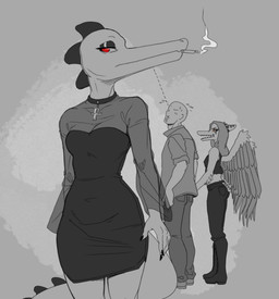 angry ankh ankh_necklace anthro black_fingernails black_nails blush blush_lines bodily_fluids boots bottomless bottomless_female bottomwear breasts cigarette cigarette_in_mouth clothed clothing cocktail_dress colored_nails crop_top denim denim_bottomwear denim_clothing dotted_line dress duo eyeshadow feathered_wings feathers female fingernails fingers footwear frown grey_background grey_hair group hair head_crest jacket jeans jewelry long_snout long_tail looking_aside looking_at_another looking_at_partner looking_back makeup male male/female nails navel_outline necklace neutral_expression non-mammal_breasts object_in_mouth open_mouth pants red_eyes rolled_up_sleeves scales shirt shoes short_tail simple_background smoke snout sweat tail teeth topwear translucent translucent_clothing wings wrinkles brokenmojo cavemanon_studios distracted_boyfriend goodbye_volcano_high ko_op_(game_developer) night_in_the_woods snoot_game anon anon_(snoot_game) bea_santello fang_(gvh) alligator alligatorid crocodile crocodilian human mammal prehistoric_species pterosaur reptile scalie meme monochrome