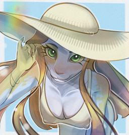 anthro clothing detailed_eyes dress green_eyes hair hat headgear headwear light long_hair looking_at_viewer playful rainbow simple_background sleeveless_dress smile soft_lighting solo spicy summer sun_hat sundress sunlight textured_background warm we1xy welxy welxy_here lagomorph leporid mammal rabbit absurd_res half-length_portrait hi_res portrait