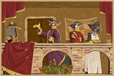 angry anthro armor armor_stand balcony beak black_body black_feathers castle chainmail claws clothing crossed_arms door eyes_closed feathers female fingers flower group happy looking_at_another looking_down looking_forward male male/female male/male medieval medieval_architecture medieval_armor medieval_clothing medieval_fantasy medieval_style open_beak open_mouth plant plant_pot raised_arm red_flower robe smile trio mawkvlt avian bird 2026 digital_media_(artwork) hi_res