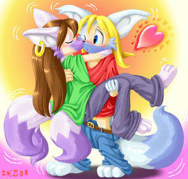 ambiguous_gender anthro blonde_hair blue_eyes brown_hair duo ear_piercing female hair heart_symbol love paws piercing romantic romantic_couple shrinking simple_background size_transformation tail transformation edmol canid canine fox mammal 2007