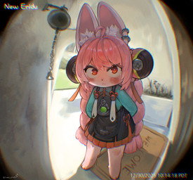 anthro bell blush braided_hair bright_pupils camera_view chain clothing commentary doorbell eyebrows female female_anthro fisheye fisheye_lens fur green_clothing green_shirt green_topwear hair hands_behind_back long_hair looking_at_viewer outside pigtails pink_body pink_fur pink_hair pupils rabbit_ears red_eyes screw shirt short_eyebrows solo standing text thick_eyebrows topwear twin_braids twintails_(hairstyle) v-shaped_eyebrows welcome_mat white_pupils peppergecko72 doorbell_chud mihoyo zenless_zone_zero zhao_(zenless_zone_zero) lagomorph mammal thiren 2026 absurd_res artist_name chromatic_aberration digital_media_(artwork) film_grain full-length_portrait hi_res meme portrait redraw signature