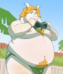 anthro belly blonde_hair body_hair bulge chest_hair clothing eyewear floppy_ears fur goggles hair hairy_legs happy_trail horn jockstrap male moobs nipples overweight solo underwear white_body white_fur roddopardo undertale undertale_(series) asriel_dreemurr bovid caprine goat mammal hi_res