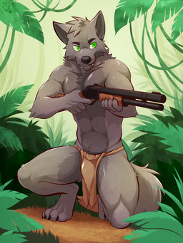 4_toes abs anthro biceps black_nose bottomwear bright_eyes cheek_tuft chest_tuft claws clothed clothing crouching deltoids facial_tuft feet fluffy fluffy_tail forest forest_background fur grass green_eyes grey_body grey_fur gun hair holding_gun holding_object holding_ranged_weapon holding_shotgun holding_weapon inner_ear_fluff kneeling loincloth loincloth_only looking_aside male muscular muscular_arms muscular_male nature nature_background neck_tuft on_one_knee pecs plant ranged_weapon short_hair shotgun solo tail teeth toes topless tree tribal tuft weapon whisker_spots ventkazemaru pyndan canid canine canis mammal wolf 2025 dated hi_res signature watermark