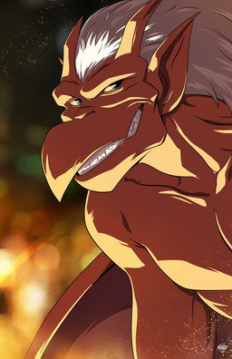 anthro blue_eyes hair horn humanoid_pointy_ears male membrane_(anatomy) membranous_wings pointy_ears red_body smile solo teeth white_hair wings yellow_sclera zeromayhem disney gargoyles brooklyn_(gargoyles) gargoyle scalie headshot_portrait hi_res portrait