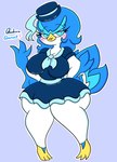 3_toes anthro beak blue_eyes blue_hair bottomwear breasts clothed clothing feathers feet female hair hat headgear headwear shirt skirt solo tail toes topwear white_body lewdchuu_(artist) nintendo pokemon quadrivia_(lewdchuu) generation_9_pokemon pokemon_(species) quaxwell hi_res