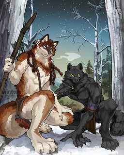 4_toes 5_fingers accessory anthro armband arrow_(weapon) barefoot black_body black_fur black_nose blue_eyes bottomwear bow_(weapon) braided_hair brown_body brown_fur brown_hair chest_strap claws clothed clothing cloud crouching dagger duo eyewear feather_ear_ring feet fingers fur glasses hair hair_accessory holding_bow_(weapon) holding_dagger holding_melee_weapon holding_object holding_ranged_weapon holding_weapon loincloth loincloth_only looking_at_viewer male melee_weapon multicolored_body multicolored_fur nature nature_background outside plant quiver_(object) ranged_weapon sky snow star starry_sky tail text toe_claws toes topless tree weapon wearing_glasses white_body white_fur yellow_sclera wintom miles_(miles-wolf) canid canine canis mammal wolf artist_name digital_media_(artwork) watermark
