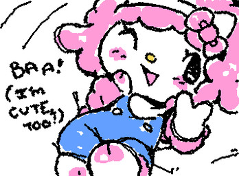 :d anthro black_text blue_clothing blue_overalls bow_(feature) bow_ribbon clothed clothed_anthro clothed_female clothing dialogue exclamation_point eyelashes female female_anthro fingers fully_clothed fully_clothed_anthro fully_clothed_female fur gesture hand_gesture looking_at_viewer one_eye_closed open_mouth open_smile overalls pink_body pink_fur pink_ribbon pink_wool simple_eyes smile smiling_at_viewer solo squigglevision text v_sign white_body wink winking_at_viewer wool_(fur) yellow_nose ligma_(artist) sanrio my_sweet_piano bovid caprine mammal sheep 2025 animated digital_media_(artwork) english_text flat_colors low_res wigglypaint_(artwork)