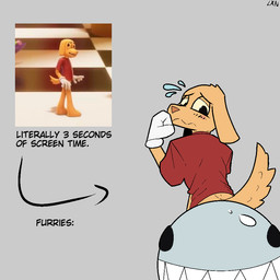 anthro blush bodily_fluids bottomless clothed clothing convenient_censorship fur gloves handwear male solo sweat sweatdrop tail text yellow_body yellow_sclera lennoxicon glitch_productions the_amazing_digital_circus bubble_(tadc) scratch_(tadc) animate_inanimate canid canine canis domestic_dog mammal 1:1 english_text reference_image