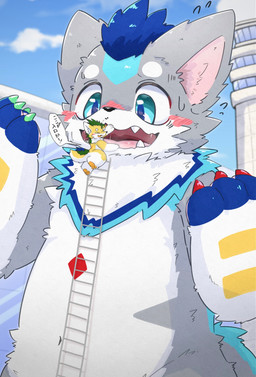 airport ambiguous_gender anthro blue_eyes blush claws day duo extreme_size_difference fur green_claws green_hair grey_body hair head_tuft imminent_oral_vore imminent_vore in_mouth kemono larger_anthro macro markings multicolored_ruff orange_pawpads pawpads pink_inner_ear red_claws red_markings size_difference smaller_anthro smile text tuft yellow_body yellow_fur yellow_markings xennochan hori_(hori_pinapple) soramaru canid canine mammal hi_res japanese_text translated