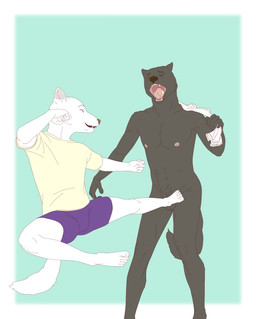 anthro attack ballbusting balls clothing cock_and_ball_torture crotch_attack duo genital_torture genitals kick male nude pain size_difference smile towel young young_anthro young_male 9x9 canid canine canis mammal wolf hi_res story story_in_description