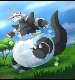 3_fingers 4_toes ambiguous_gender anthro big_diaper blue_sclera bodily_fluids claws clean_diaper clothed clothing cloud cloud_emanata detailed_background diaper diaper_only diaper_puff dutch_angle emanata feet finger_claws fingers grass grey_body grey_fingers grey_horn grey_tail head_horn heart_symbol horn huge_diaper looking_down low-angle_view on_one_leg plant sharp_teeth sky solo standing sweat sweatdrop tail teeth toe_claws toes topless tree walking wearing_diaper wetness_indicator jupiters nintendo pokemon aggron generation_3_pokemon pokemon_(species) 2023 full-length_portrait hi_res letterbox portrait