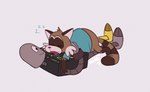 anthro biped brown_body duo lying machine simple_background sleeping slightly_chubby smile kaibubbless robot_dreams rascal_(robot_dreams) robot_(robot_dreams) mammal procyonid raccoon robot 2024 hi_res